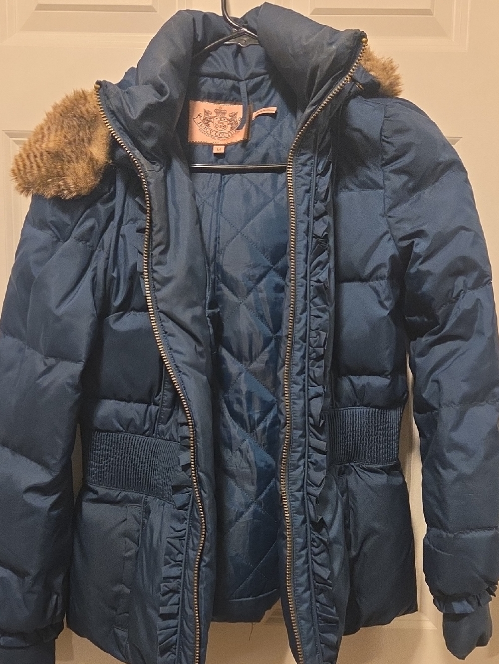 Juicy Couture Navy Blue Quilted Puffer Jacket with Faux Fur Trim